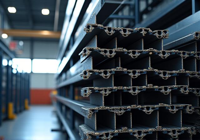 Close up of industrial steel beams in a warehouse
