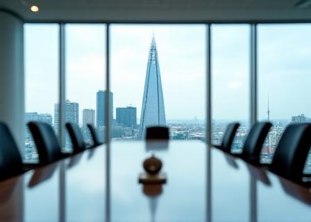 Out-of-focus London cityscape from a professional boardroom