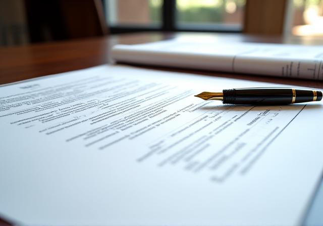 Legal professionals reviewing a complex engineering contract with blueprints in background