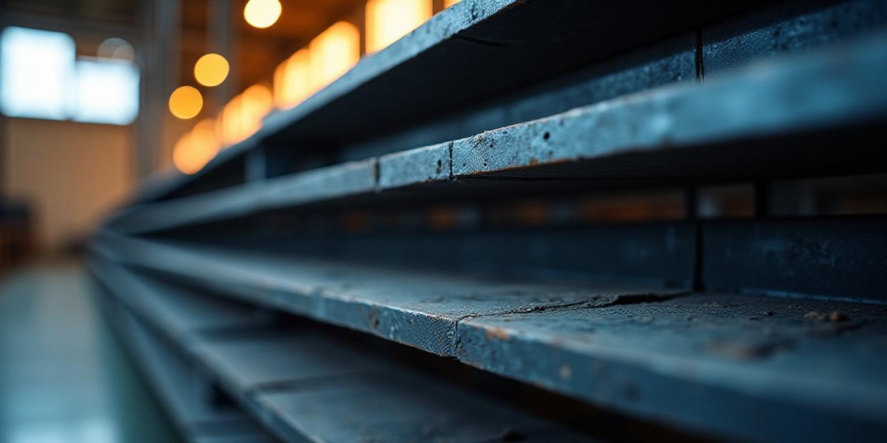 Close up of industrial steel beams in a warehouse with dramatic lighting